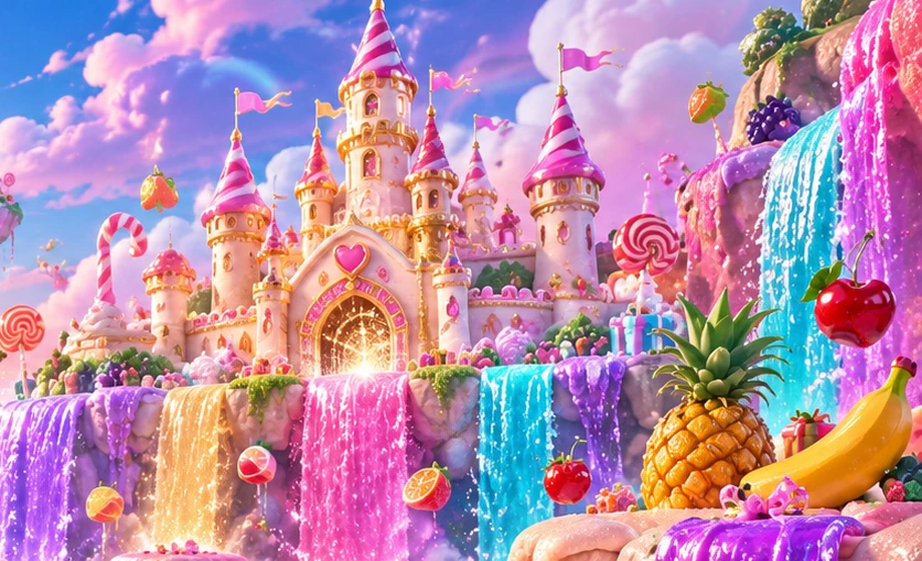 Close-up of the pink candy castle and rainbow falls