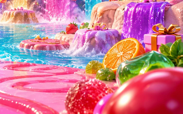 Colourful sweets and gift details beside the candy river