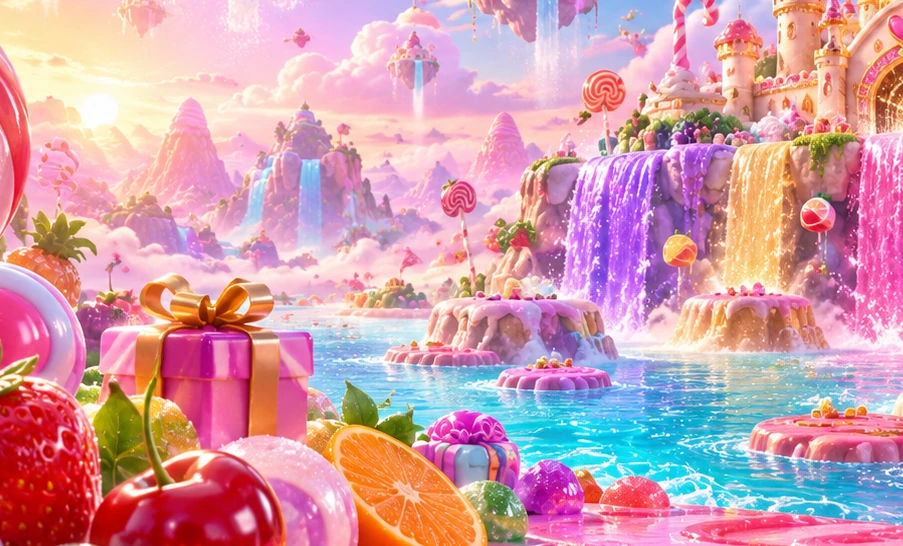 A close look at the pastel candy islands and lollipop scenery