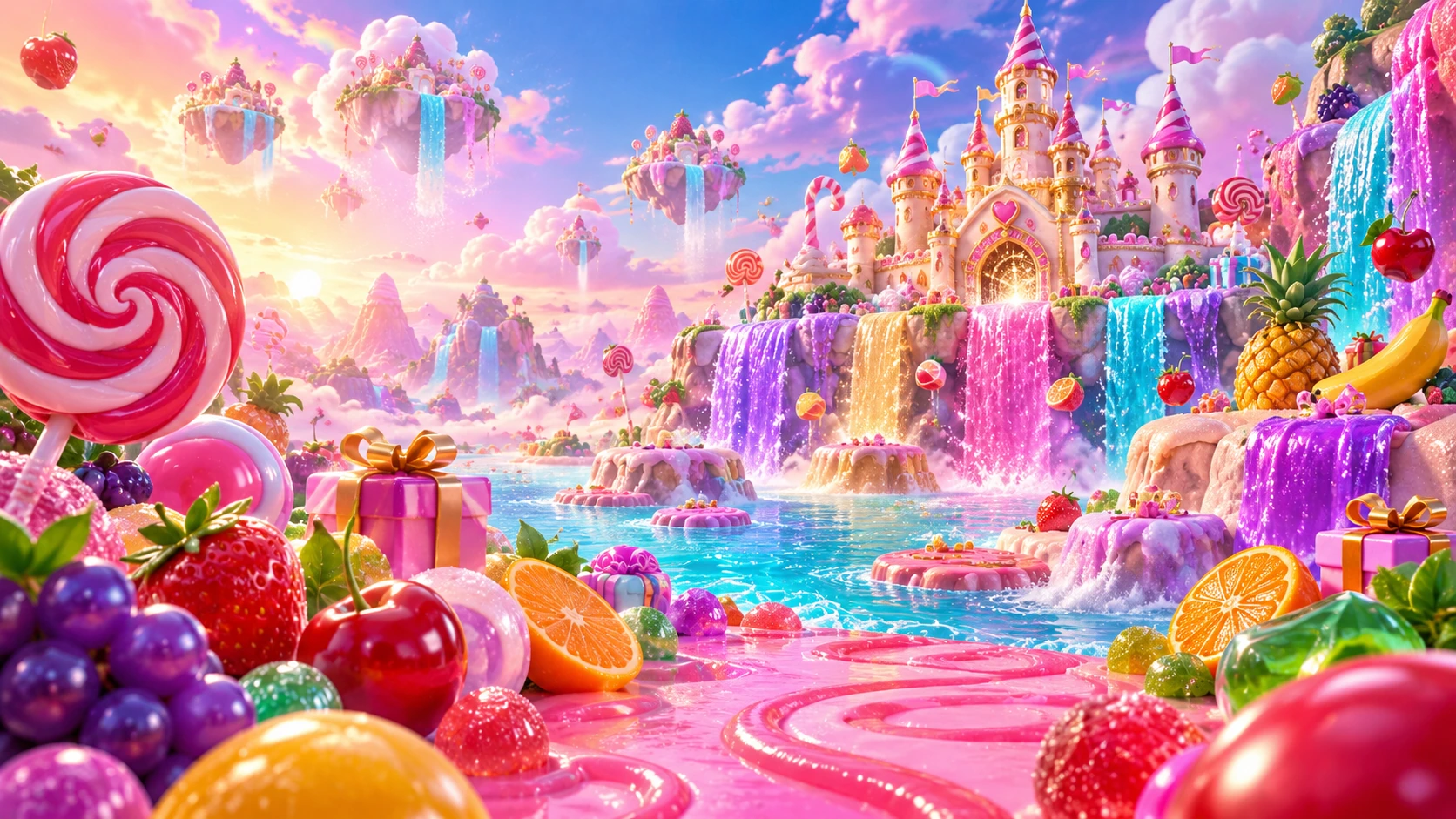 A glossy candy kingdom with colourful waterfalls, giant fruit and a pink sugar castle